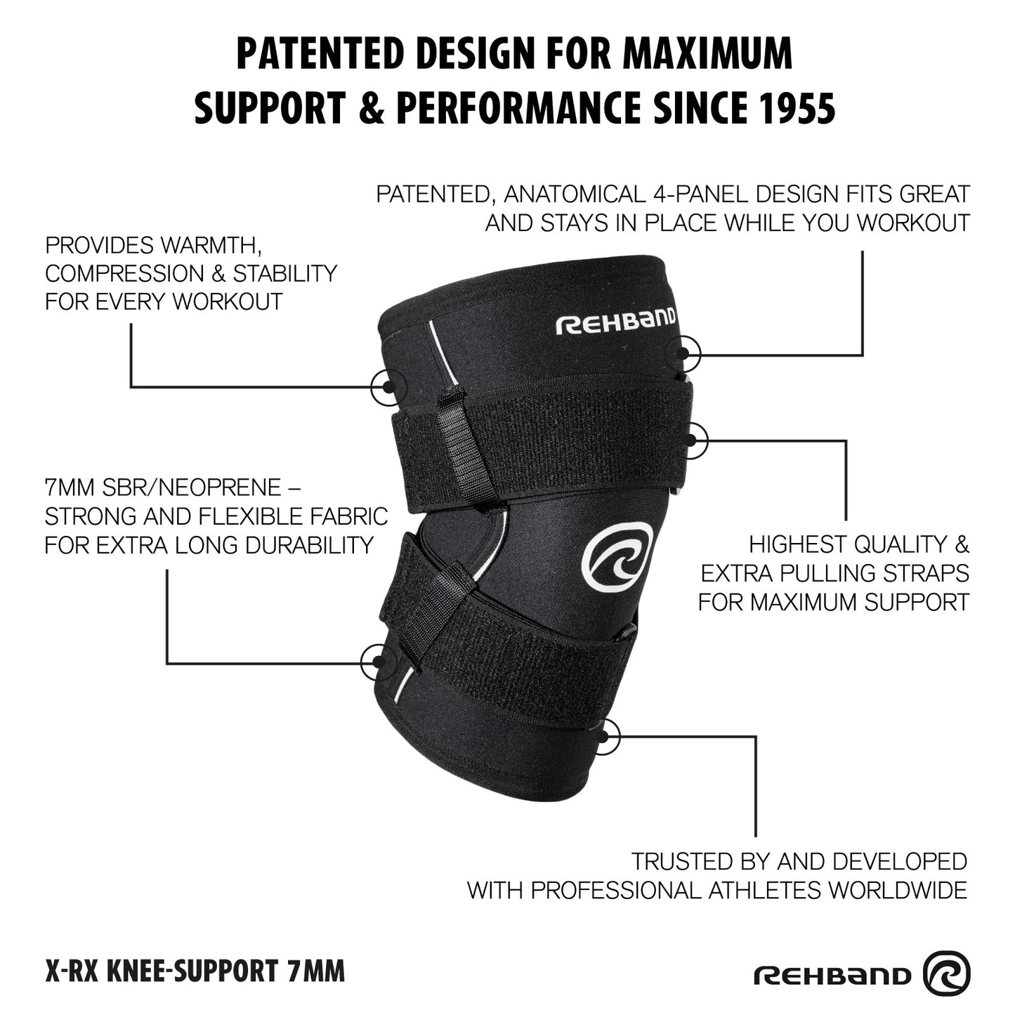 Rehband X-Rx Knee Support 7mm Black(With Straps)